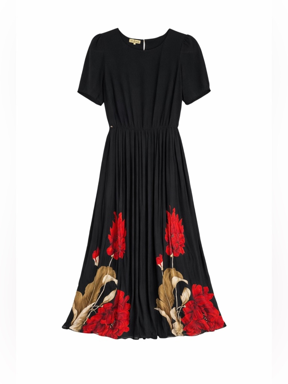 RARE Hanae Mori Japan Black Floral Midi Dress Pleated Red Flower